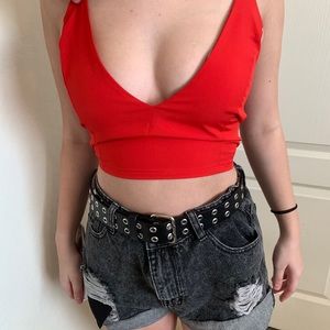 red crop top, lace up back